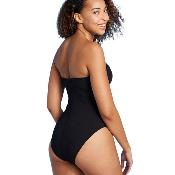 Shade & Shore Black One Piece Shirred Ribbed Bandeau Cheeky Swimsuit M 8 10 - Picture 2 of 6